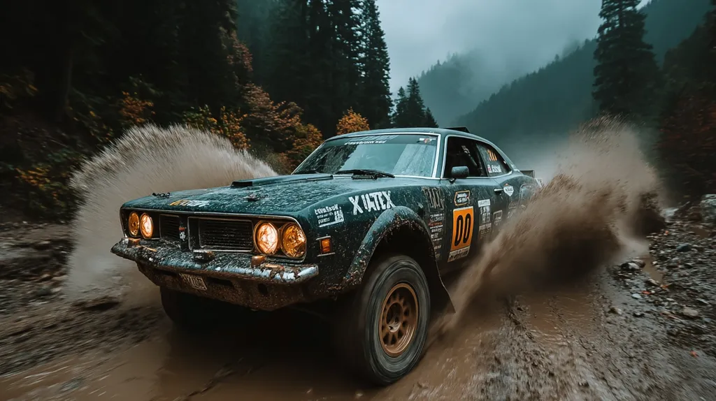 A vintage, dark-green rally car splashes through a muddy puddle on a forest road.  The car, number 00, is covered in dirt and bears sponsor decals.  Water sprays from its tires as it powers through the challenging terrain. The background is a moody, misty forest. The image conveys a sense of speed and adventure in a rugged natural setting.