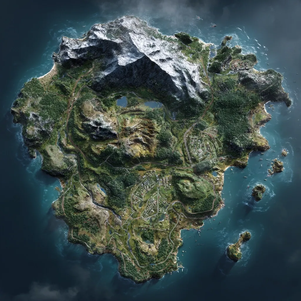 An overhead view reveals a lush, verdant island, encircled by a deep blue ocean.  A snow-capped mountain dominates the island's center, its slopes giving way to forests, rivers, and small settlements scattered across the landscape.  Coastal areas feature rocky inlets and smaller islands. The image suggests a remote, possibly fictional, location with a blend of natural beauty and human habitation.