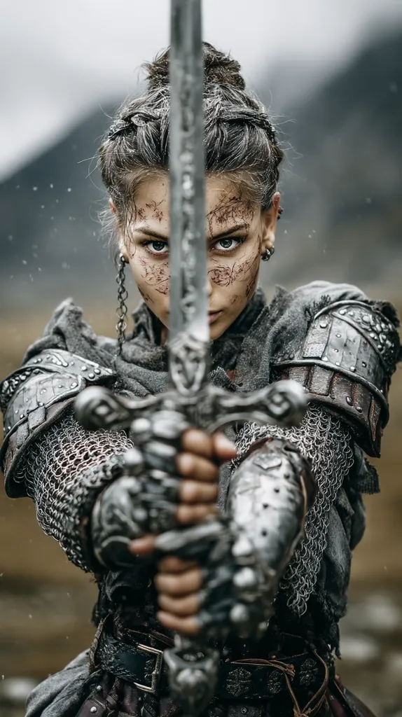 A fierce female warrior, clad in weathered chainmail and plate armor, grips a large sword.  Her face is partially obscured, showing battle-worn scratches and determined eyes.  The backdrop suggests a desolate, possibly post-battle landscape.  The image conveys strength, resilience, and the harsh realities of combat.