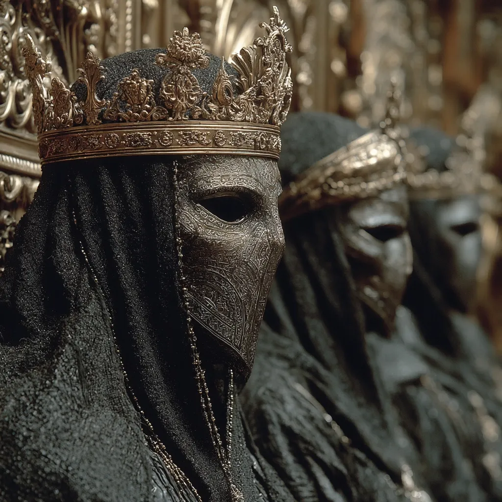 A close-up shot reveals three figures draped in dark robes, each adorned with an ornate golden crown and a meticulously detailed metal mask. The masks, covering their faces entirely, feature intricate patterns and designs. The scene exudes an atmosphere of mystery and regal power, hinting at a narrative of secrecy and authority.  The depth of field focuses on the figure in the foreground, drawing the viewer's eye to the rich textures and craftsmanship of the attire and headwear.