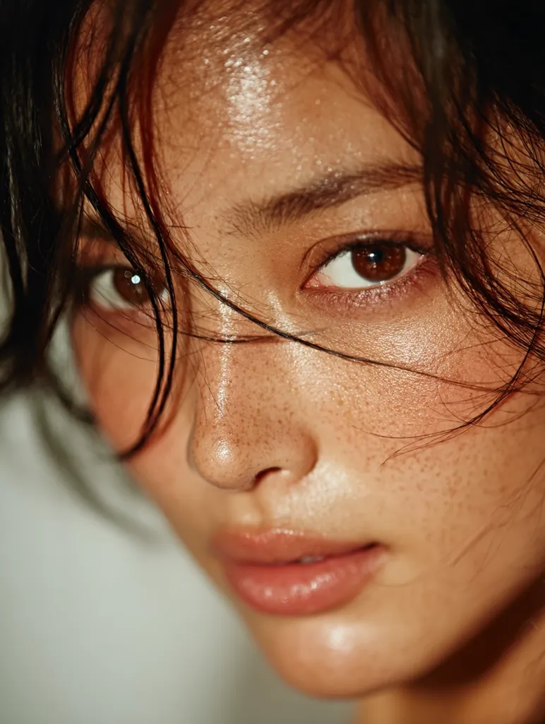 Close-up of a woman's face, showcasing her sun-kissed skin with freckles and a dewy complexion.  Dark hair falls across her face, partially obscuring her eyes.  Her expression is subtly serious, with a soft focus on her lips and nose. The lighting highlights the texture of her skin and the sheen of moisture.