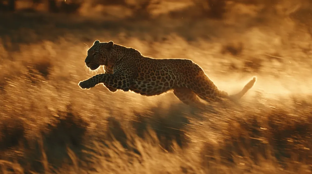 A leopard streaks across a golden savanna at sunset.  The low sun backlights the animal, creating a dynamic silhouette as it bounds through tall grass.  Motion blur emphasizes its speed and power, capturing a fleeting moment of wild beauty in the African landscape.  Dust kicks up around its paws, adding to the sense of energy and movement.