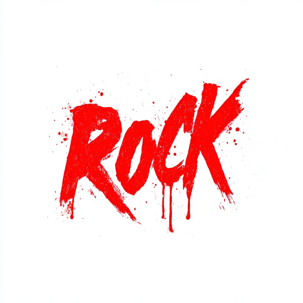 The word "ROCK" is displayed in bold, red, stylized lettering against a white background.  The lettering has a grunge texture, appearing painted with a rough brushstroke effect.  Red paint splatters surround the word, adding to the raw, energetic feel.  The overall impression is one of raw power and intensity, evocative of rock music and rebellious energy.