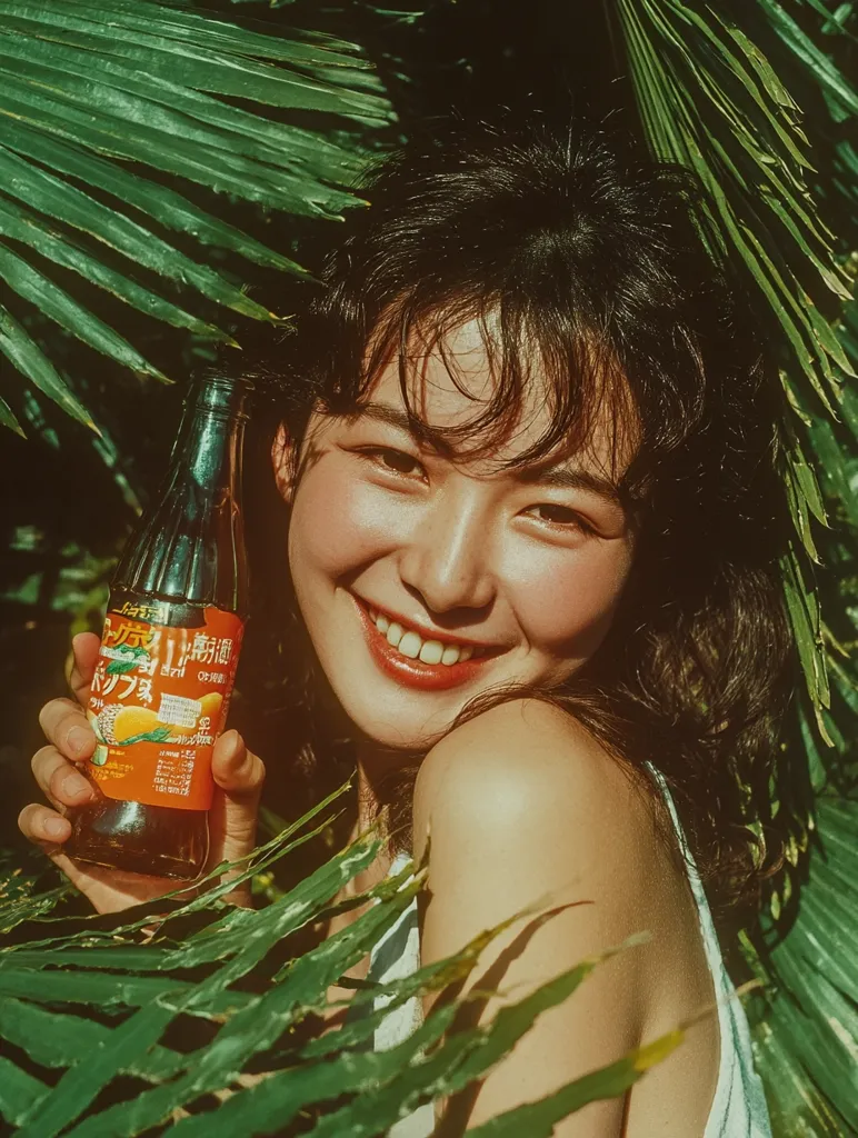 A young woman with dark, wavy hair smiles warmly while holding a glass bottle of orange soda.  She is partially obscured by lush green palm fronds, creating a vibrant, tropical scene.  The sunlight illuminates her face and shoulders, highlighting her features and the refreshing beverage. The overall aesthetic is bright, summery, and evocative of a carefree vacation.