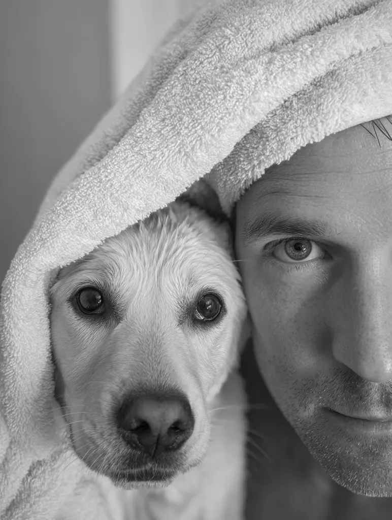 A black and white close-up shot features a man and a dog.  The man's face is partially obscured by a fluffy towel draped over his head, also partially covering the dog. The dog, a light-colored canine, looks directly at the camera with soulful eyes. The image evokes a feeling of warmth and intimacy between the man and his pet.