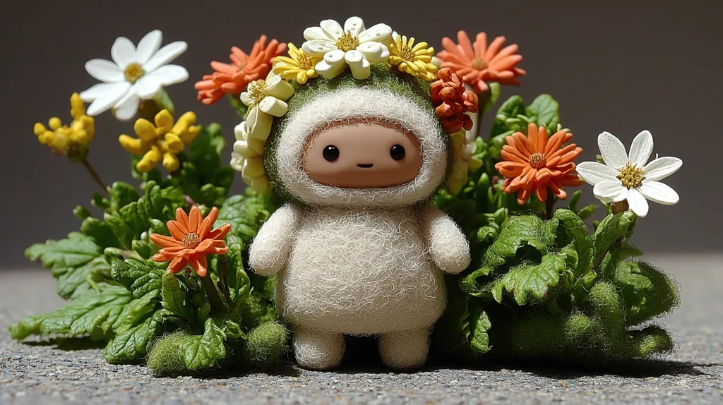 A charming handcrafted figurine, resembling a fluffy, white-suited creature, is nestled amidst a vibrant array of miniature flowers.  The figurine is adorned with a crown of small blossoms, complementing the surrounding flora of orange and white daisies.  The scene is meticulously detailed, showcasing a delightful blend of artistry and nature.  The overall aesthetic is whimsical and endearing.