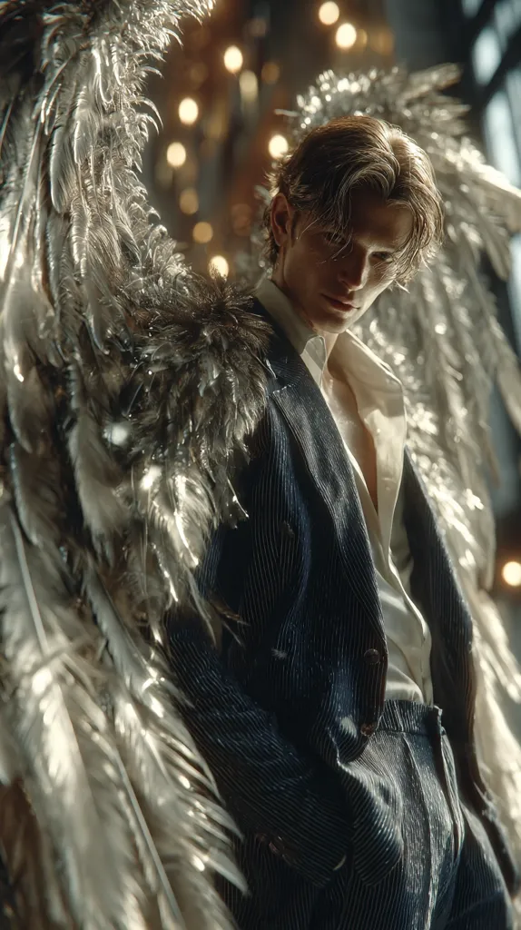A young man with shoulder-length brown hair stands, his back partially obscured by large, silvery wings. He is dressed in a dark-blue corduroy suit and a crisp white shirt. His expression is serious, almost melancholic. The background is blurred, suggesting a dimly lit, perhaps industrial, setting with warm, glowing lights. The overall aesthetic is dark, moody, and somewhat ethereal.