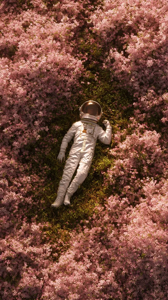 An astronaut in a white spacesuit lies peacefully amidst a field of delicate, light pink flowers.  The astronaut's helmet is visible, and their relaxed posture suggests rest or contemplation. The scene is serene and contrasts the harshness of space with the beauty of nature. The vibrant pink flowers create a soft, dreamy backdrop.