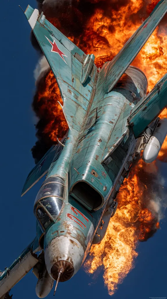 A weathered teal Sukhoi Su-24 fighter jet is captured in a dramatic low-angle shot, engulfed in flames against a clear blue sky.  The aircraft, bearing a faded red star insignia, appears to be in controlled flight despite the intense fire emanating from its rear.  The image showcases a powerful contrast between the aging aircraft and the vibrant, dynamic energy of the fire.