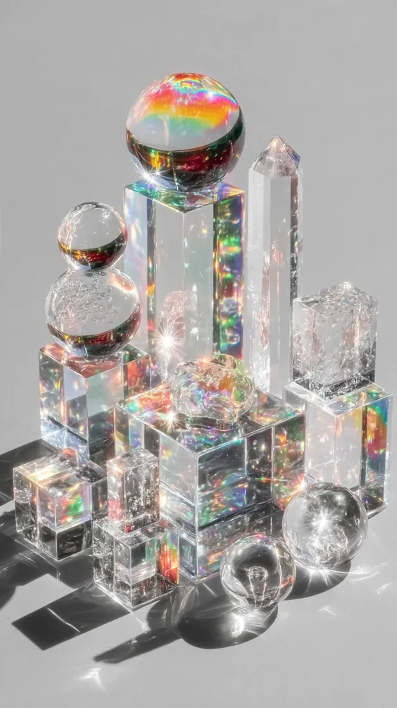 A captivating arrangement of iridescent glass cubes, spheres, and a crystal point creates a modern, abstract sculpture.  The clear, geometric shapes are subtly infused with rainbow colors, reflecting and refracting light to produce a dazzling display.  The composition is minimalist yet visually striking, showcasing the beauty of light play on glass.  The overall effect is one of ethereal elegance and delicate balance.