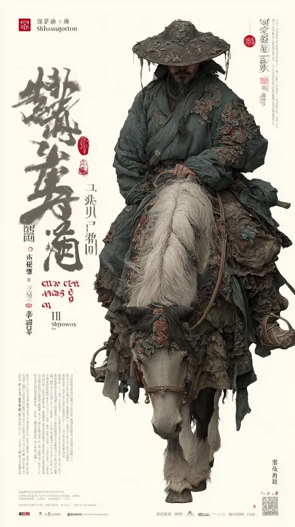 A movie poster depicts a weathered man in traditional Asian garb atop a pale horse.  He wears a large, worn hat and his clothing is adorned with what appears to be aged embroidery or patches. The overall aesthetic is one of age, journey, and hardship.  Chinese characters dominate the poster, likely the film title and credits. The style is painterly and evokes a sense of history and epic storytelling.
