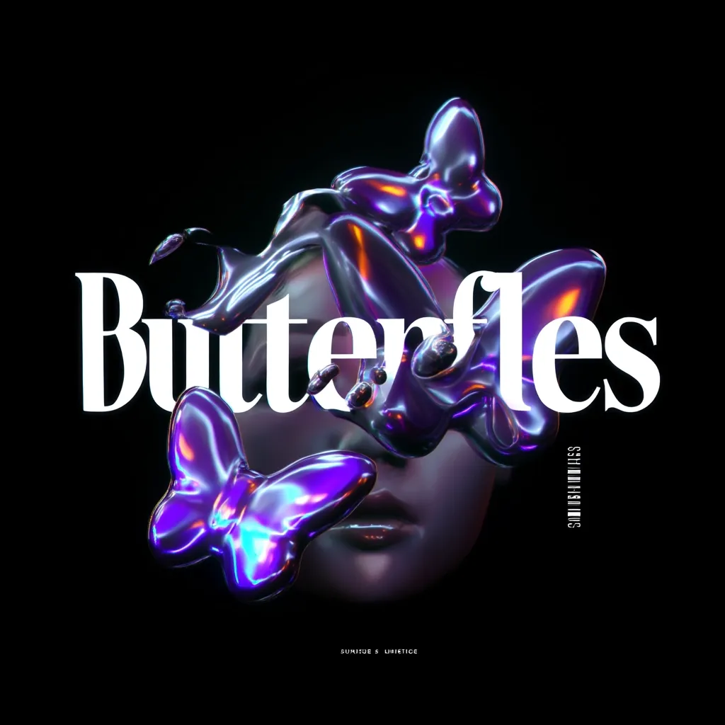 A striking digital artwork titled "Butterflies" features iridescent, metallic butterflies seemingly melting and flowing over a face.  The butterflies have a vibrant, almost holographic sheen, contrasting against the dark background.  The word "Butterflies" is prominently displayed in bold, white sans-serif lettering. The overall aesthetic is dark, surreal, and visually captivating.