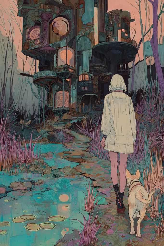 A woman and her dog walk along a path towards a whimsical, multi-level house nestled in a surreal forest. The house is an eclectic mix of architectural styles and features large, circular windows.  The path winds beside a tranquil stream reflecting the sky and lily pads. The overall style is dreamlike and evocative, with a muted color palette of teal, purple, and muted oranges.