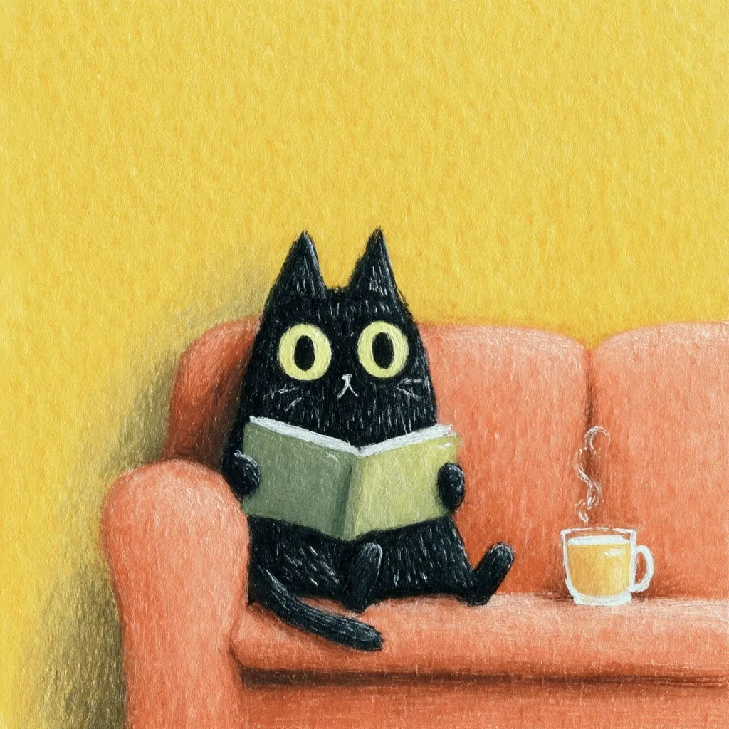 A charming illustration depicts a black cat relaxing on a peach-colored couch.  The cat, with large, expressive eyes, is engrossed in reading a book. A small cup of steaming tea sits beside it, adding to the cozy ambiance. The background is a warm yellow, complementing the soft textures of the cat and furniture. The overall style is simplistic and endearing.