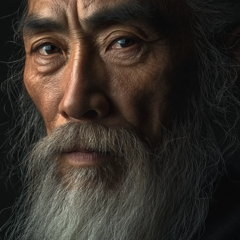 A close-up portrait of an elderly Asian man with a long, flowing gray beard and hair.  His face is deeply lined, revealing a lifetime of experience.  His dark eyes hold a contemplative gaze, and his expression is one of quiet intensity. The lighting emphasizes the texture of his skin and beard, creating a dramatic and intimate image.