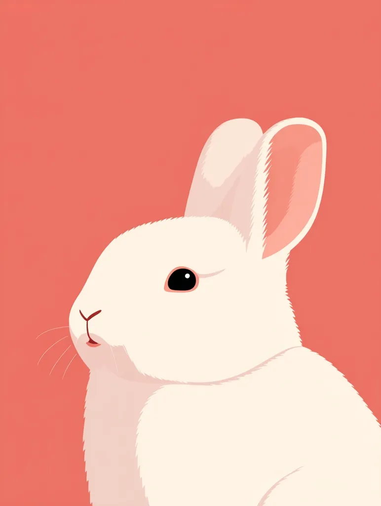 A minimalist illustration showcases a white rabbit against a coral-pink backdrop.  The rabbit's profile is subtly detailed, emphasizing its soft fur and delicate features.  The simple, clean lines create a modern and calming aesthetic.  The image is primarily focused on the rabbit's head and shoulders.