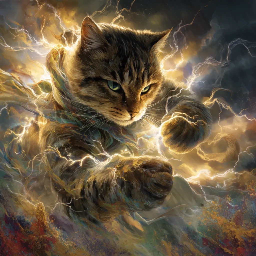 A majestic tabby cat, imbued with powerful energy, commands the scene.  Surrounded by swirling, golden lightning, the cat's intense gaze and clenched paws suggest a potent force.  The artistic style blends realism with fantasy, creating a dramatic and awe-inspiring image of feline power.  The background is a vibrant mix of colors and textures, mirroring the energy emanating from the cat.