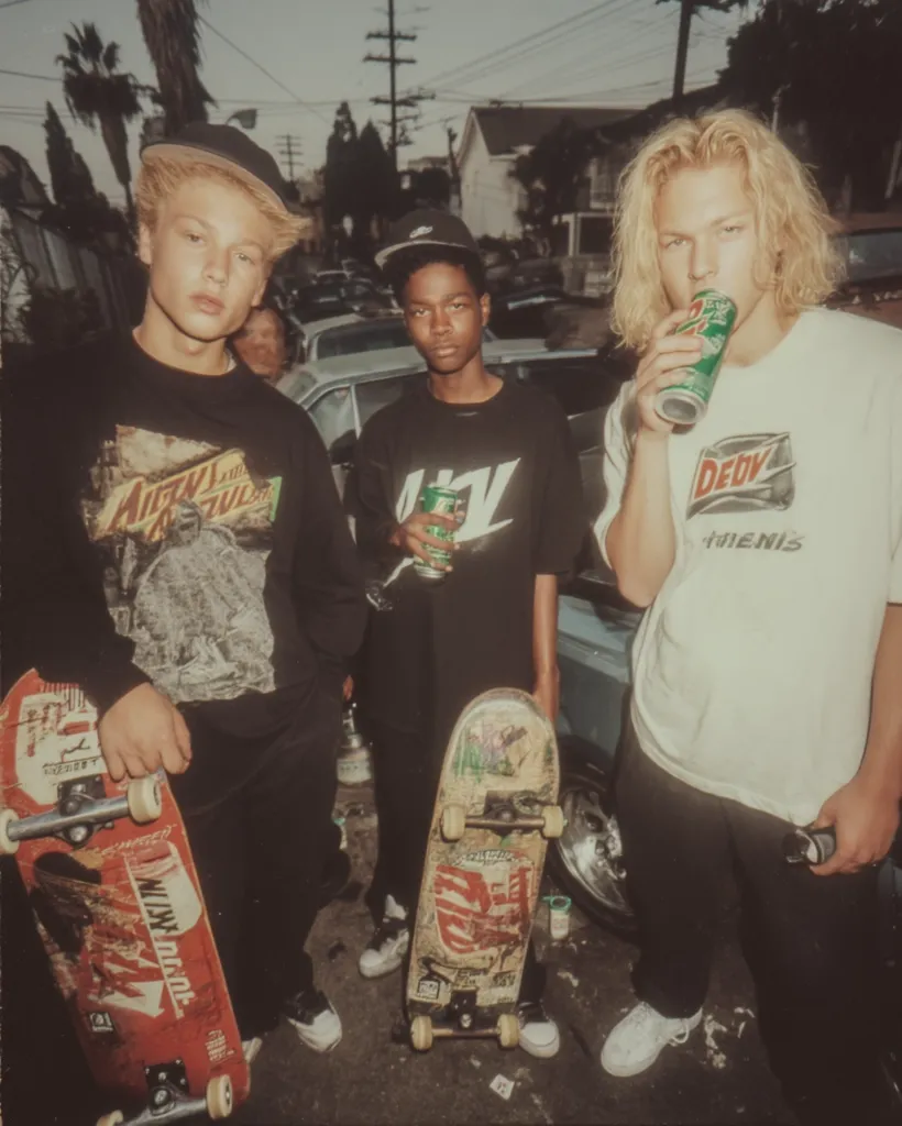 Three young men stand on a city street, holding skateboards and cans of soda.  Two wear baseball caps and long-sleeved shirts, one with a graphic design.  The third has long blond hair and wears a white t-shirt with a logo.  Their casual attire and skateboards suggest a skateboarding subculture.  The background shows parked cars and a residential area. The image has a vintage, grainy quality reminiscent of 90s street photography.
