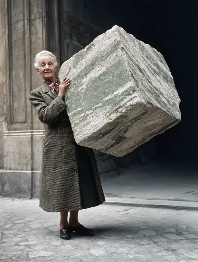 A stylishly dressed elderly woman effortlessly supports a massive block of green-veined marble.  She stands confidently in a tweed coat and dark shoes against a backdrop of a stone doorway, creating a striking juxtaposition of strength and fragility. The image hints at a story of resilience or perhaps artistic endeavor. The contrast between the woman and the heavy stone is captivating.