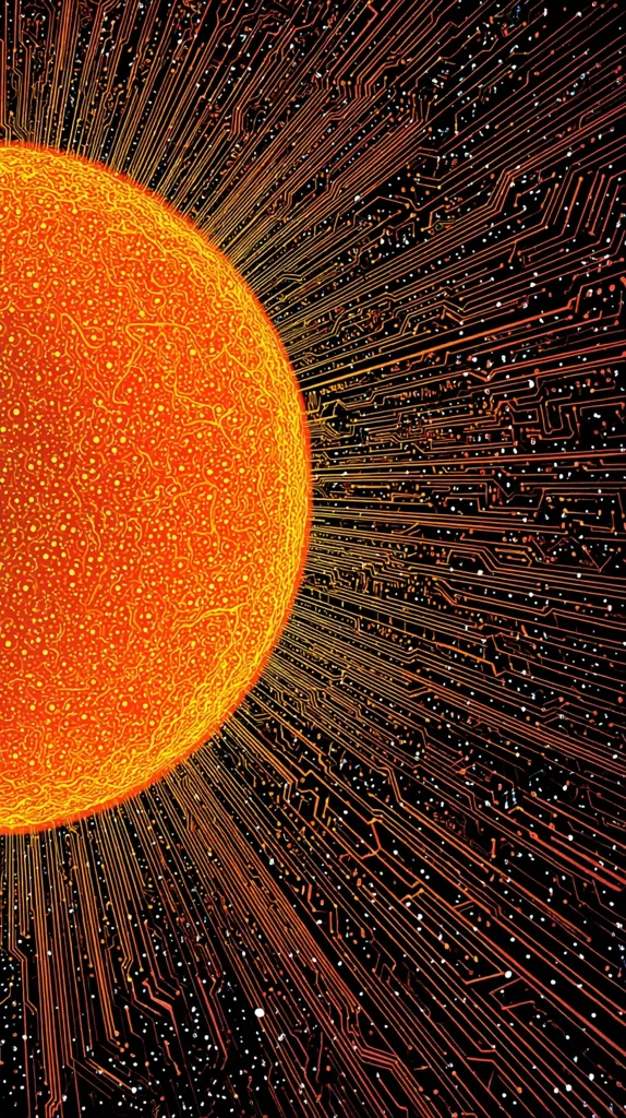 A vibrant illustration depicts a fiery orange sun, its surface detailed with intricate, vein-like patterns.  Radiating outwards from the sun are numerous lines resembling a complex circuit board, extending into a dark, star-dusted space. The image suggests a connection between solar energy and technology, a fusion of natural power and digital infrastructure.  The overall effect is striking and visually captivating.