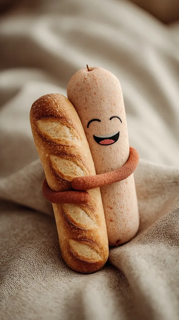 A whimsical image showcasing a baguette and a sausage-shaped object embracing.  The sausage has a cheerful painted face. Both are nestled on a beige fabric background, creating a warm and friendly scene. The composition suggests a playful take on food and companionship.  The lighting accentuates the textures of the bread and fabric.