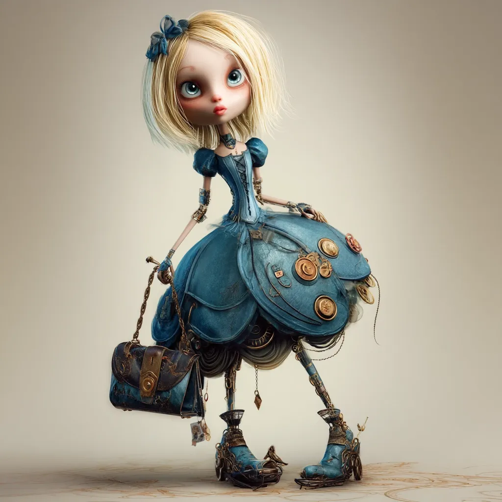 A digital illustration depicts a steampunk-style Alice in Wonderland character.  She's a doll-like figure with blonde hair, large eyes, and a blue dress adorned with gears, buttons, and other mechanical elements.  Her legs are visibly robotic, and she carries a vintage-style handbag. The overall aesthetic blends whimsy with industrial design.  The background is a muted beige.