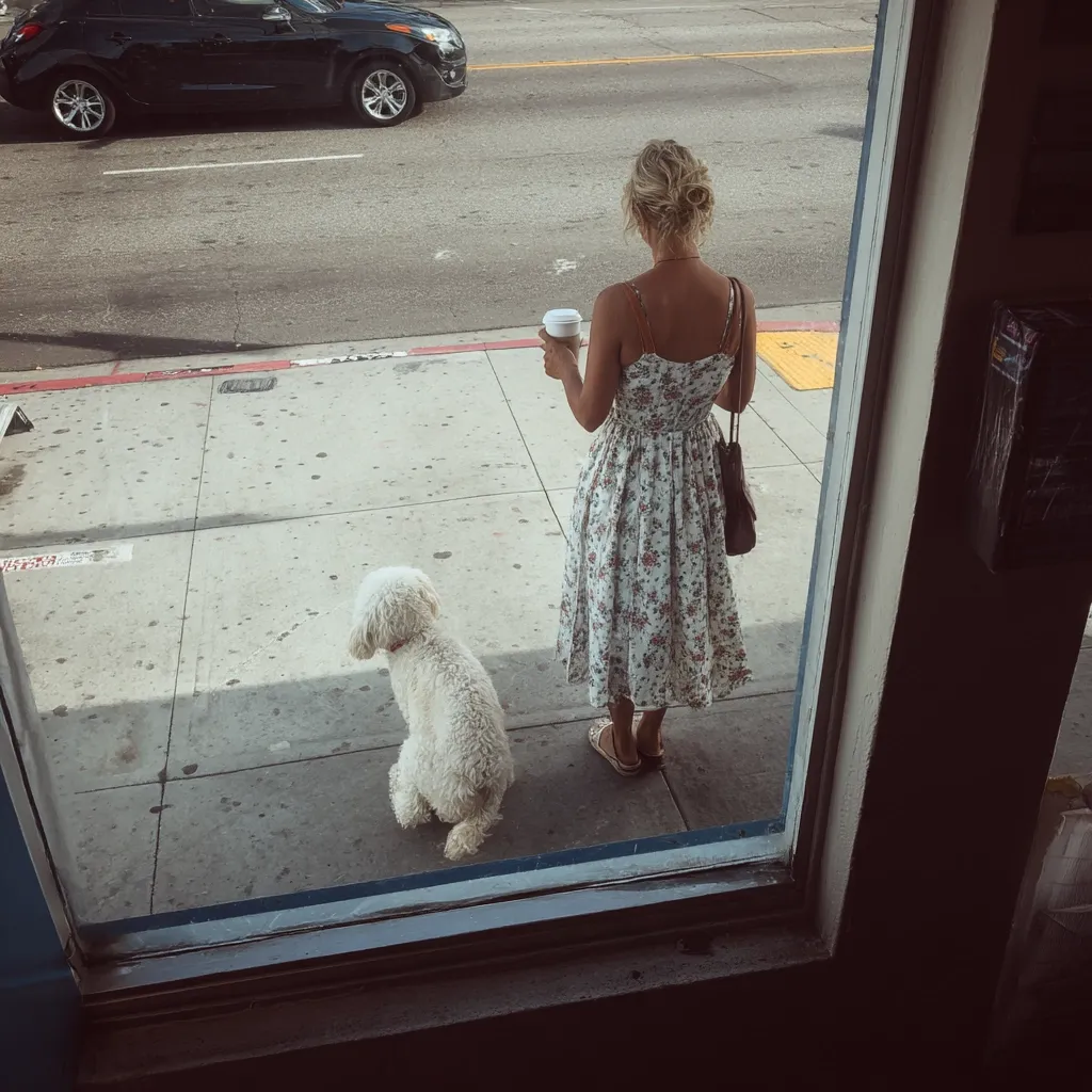 A woman in a floral dress stands on a sidewalk, holding a coffee cup.  A small, fluffy white dog sits patiently beside her.  A black car is parked across the street. The scene is viewed through a window, offering a slightly obscured perspective of the urban setting.