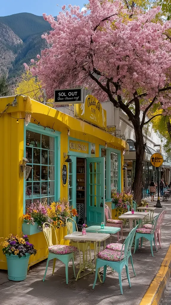 A charming yellow and teal cafe sits beneath a blossoming pink cherry tree.  Pastel-colored metal tables and chairs are set out on the sidewalk, creating a quaint outdoor seating area.  Flower boxes overflowing with vibrant blooms adorn the cafe's facade, adding to the picturesque scene.  A mountain backdrop completes the idyllic setting.  The cafe's name, "Sol Out," is visible on a sign.