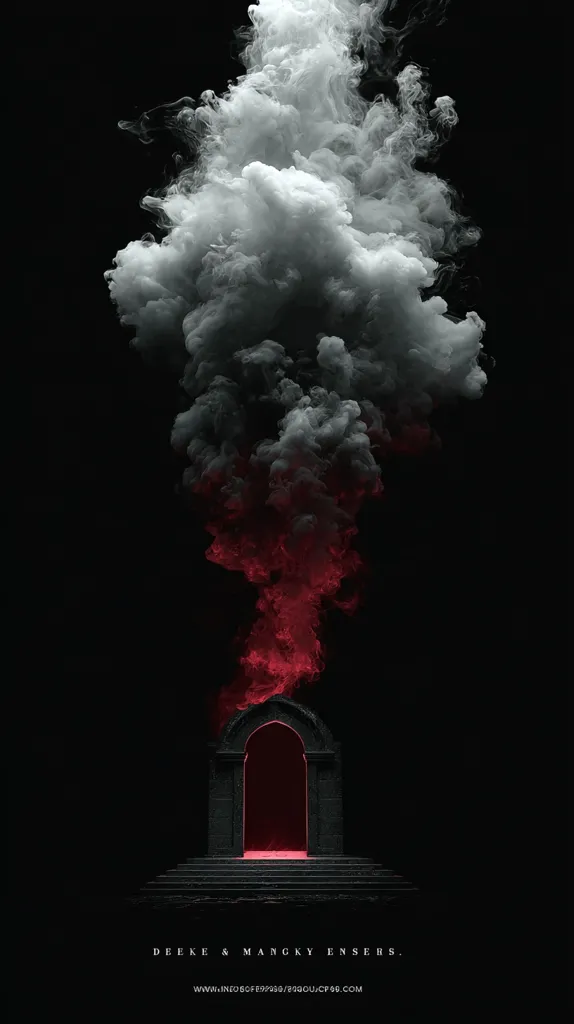 A dark, gothic-style image features a stone archway with steps leading to a red-lit doorway.  A large plume of gray and red smoke billows upwards from the doorway, filling most of the frame against a black background.  The text "DEEKE & MANGKY ENSERS." is displayed at the bottom, along with a website address. The overall mood is mysterious and evocative.