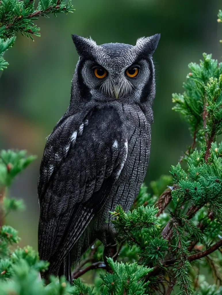 A majestic, dark-grey owl with striking orange eyes perches on a lush green branch.  Its feathers appear soft and slightly ruffled, possibly from recent rain.  The owl stares directly at the viewer, creating an intense and captivating image. The background is softly blurred, emphasizing the owl and the vibrant green foliage.