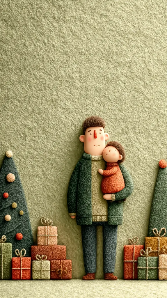 A charming illustration depicts a father and daughter standing before a stack of Christmas presents.  The textured, cartoon-style figures stand against a muted green background, flanked by miniature Christmas trees. The overall style is warm and festive, conveying a sense of family and holiday cheer.  The image evokes feelings of nostalgia and cozy winter moments.