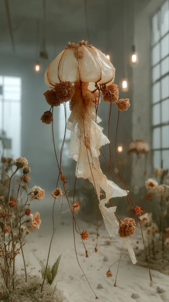 A delicate, handcrafted jellyfish sculpture hangs in a bright, airy space. Its translucent body is adorned with dried flowers, creating a whimsical, ethereal ambiance.  Thin, wire-like tendrils extend from the jellyfish, mimicking its natural counterparts. The setting features muted tones and soft lighting, enhancing the artwork's delicate beauty.  Dried floral arrangements surround the base, completing the artistic composition.