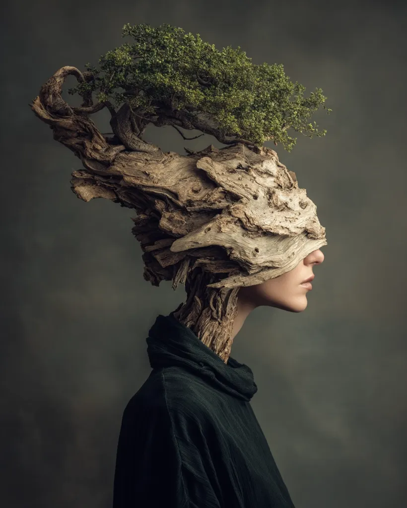 A surreal portrait showcases a woman's profile, her face partially obscured by a sculpted piece of driftwood, which extends to her neck.  Atop the driftwood sits a miniature, vibrant green tree. The woman wears a simple, dark turtleneck. The overall effect is one of artistic blending of nature and humanity, evoking themes of connection and the unseen.  The muted background emphasizes the subject's unique form.