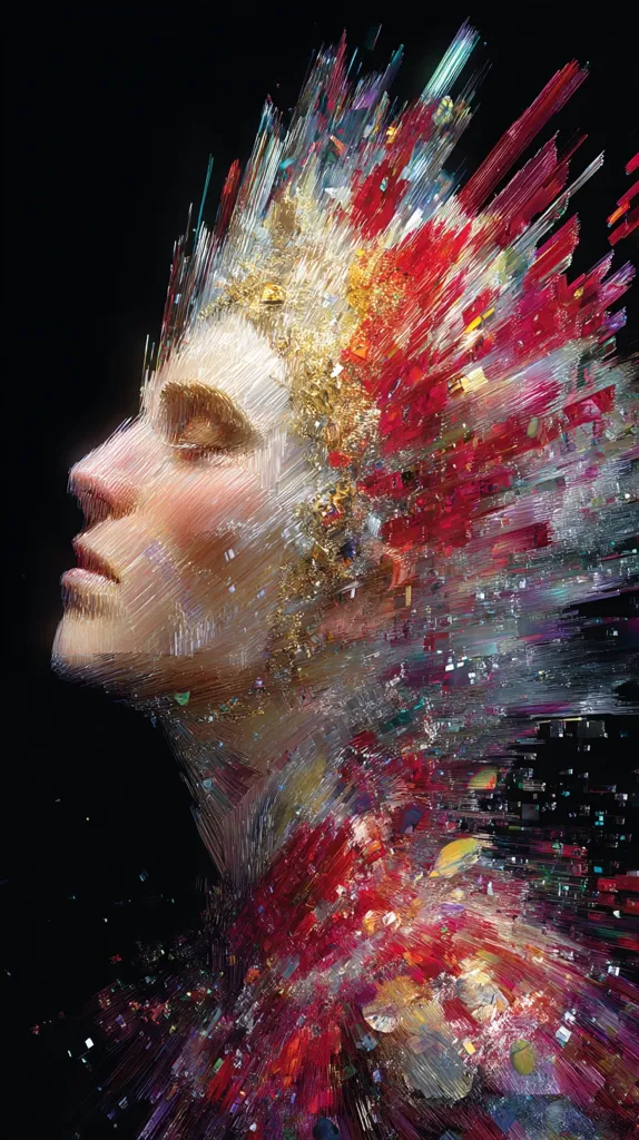 A stylized portrait of a woman's face, seemingly adorned with a crown of fragmented, vibrant glass or crystal shards.  The colors are predominantly reds, golds, and silvers, creating a dramatic and ethereal effect. The style is abstract and painterly, with sharp, angular strokes building up the form and texture. The background is black, emphasizing the radiant crown and the subject's serene expression.