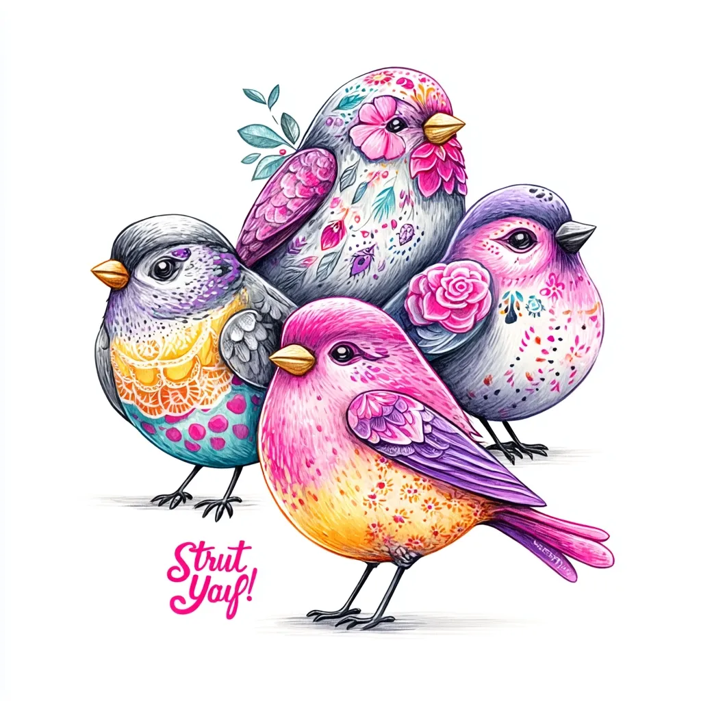 A vibrant illustration showcases three stylized birds huddled together.  Each bird is adorned with intricate, colorful patterns resembling floral designs and mandala-like details in shades of pink, purple, teal, and yellow. The birds are depicted in a cheerful, almost cartoonish style, conveying a sense of playfulness and charm. The phrase "Strut Yay!" is written beneath the birds in a playful script.
