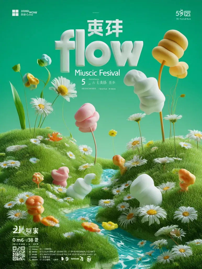 This vibrant poster advertises the "Flow Miuscic Festival," a 5-day event taking place in 5 towns.  The design features a whimsical, surreal landscape of stylized flowers, candy-like sculptures, and a flowing stream.  The overall aesthetic is playful and lighthearted, suggesting a fun and energetic festival atmosphere. The poster includes QR codes and other details likely related to ticketing and social media.