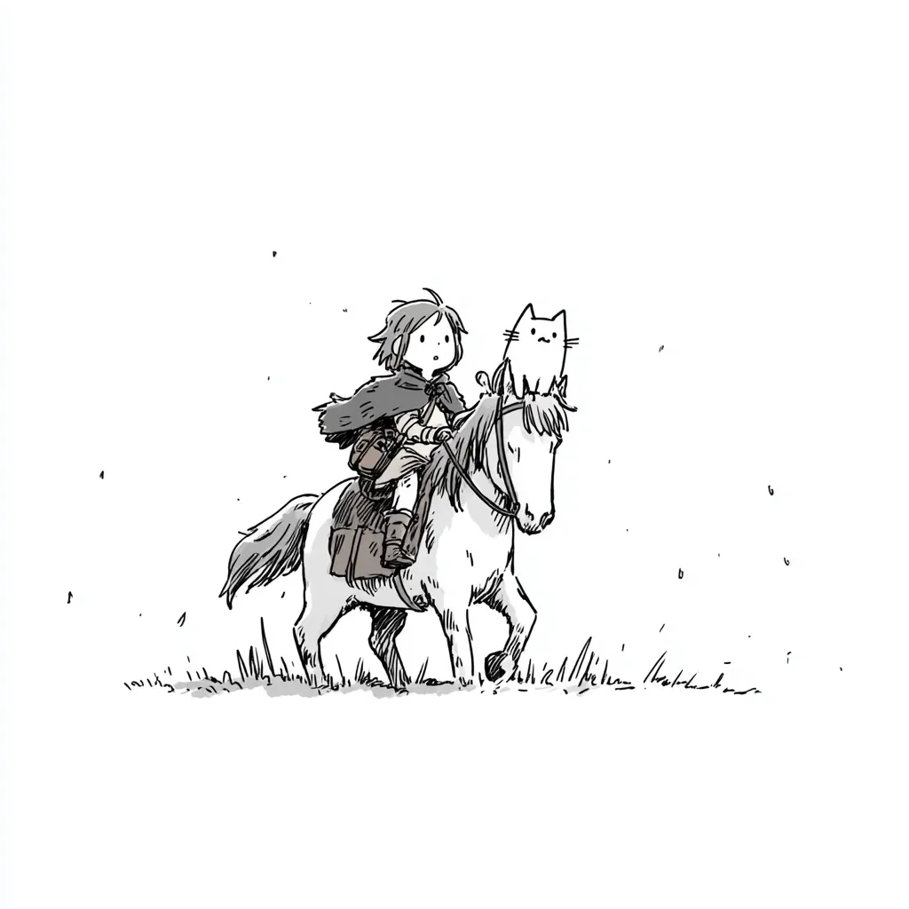 A whimsical black and white illustration depicts a young person riding a horse across a grassy plain.  The rider wears a hooded cloak and carries bags, while a small, stylized cat sits atop the horse's head. The style is sketchy and expressive, conveying a sense of adventure and childlike wonder. The scene is simple yet charming, with minimal background details.