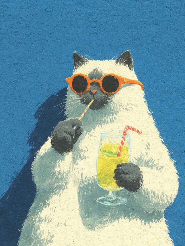 A fluffy white cat, sporting orange sunglasses, enjoys a refreshing yellow beverage through a striped straw.  The cat's dark paws delicately hold the glass. The artwork is painted in a textured, slightly rough style against a vibrant blue background, creating a whimsical and summery scene.