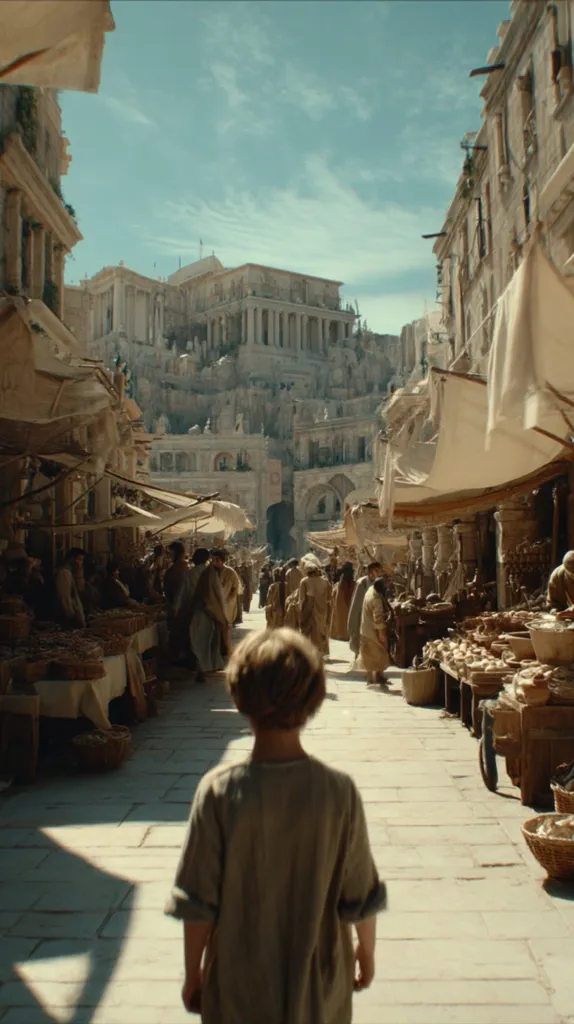 A young child walks down a bustling marketplace in an ancient city.  Stone buildings line the street, their awnings casting shadows on the cobblestones.  Vendors sell their wares from stalls overflowing with produce and other goods.  In the distance, a grand temple-like structure rises above the city, bathed in sunlight.  The scene evokes a vibrant, historical setting.