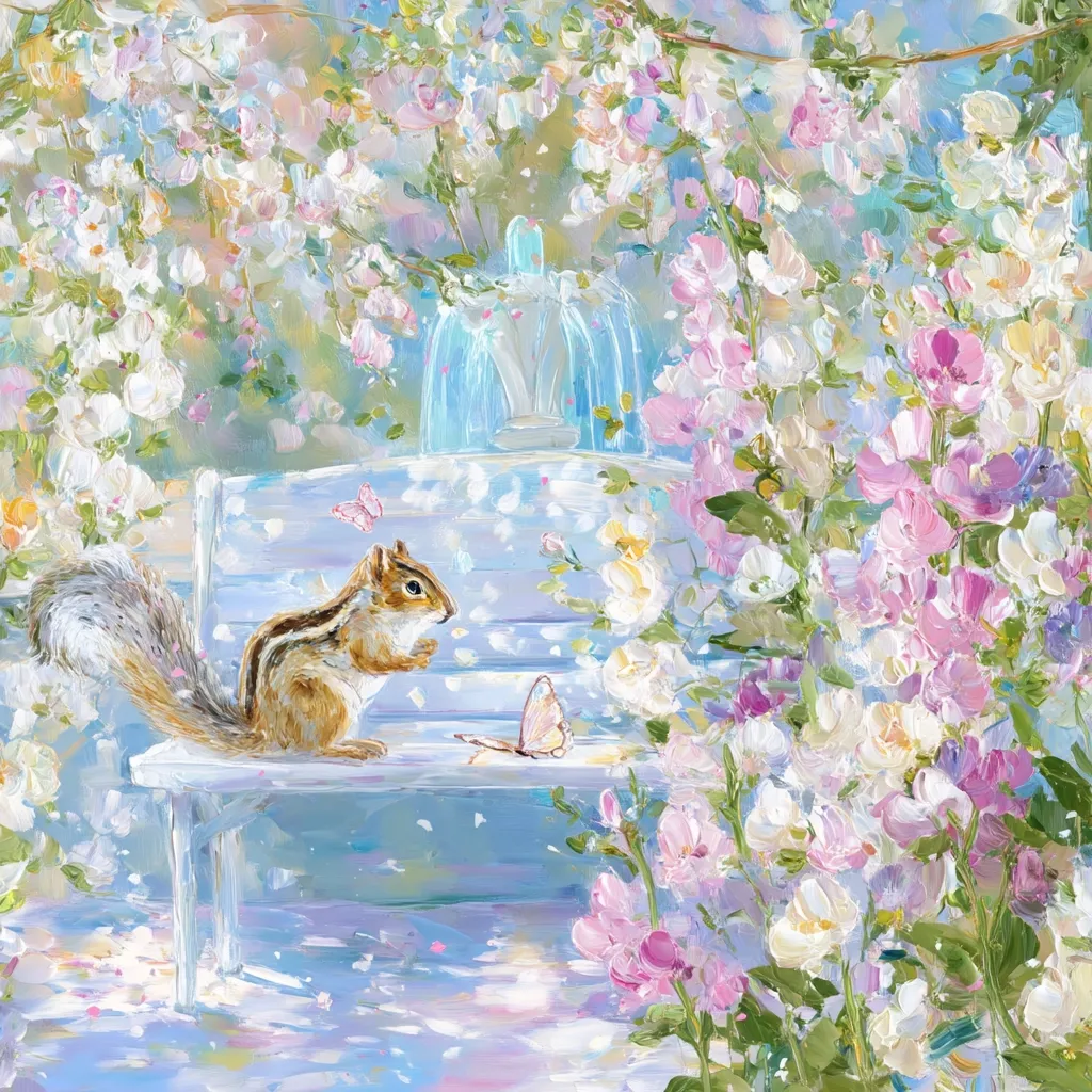 A charming painting depicts a chipmunk perched on a light blue bench amidst a vibrant floral setting.  Delicate butterflies flutter nearby, adding to the whimsical scene.  The background is a profusion of pink, white, and purple blossoms, creating a dreamy, idyllic atmosphere.  A light blue glass cloche sits partially obscured by the flowers, enhancing the enchanting quality of the artwork.