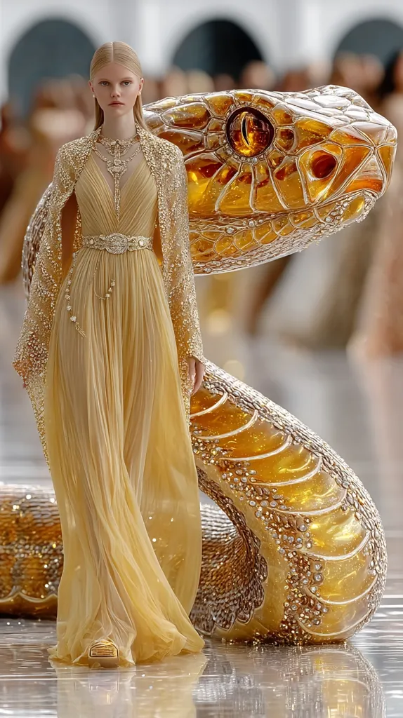 A model gracefully walks a runway, adorned in a flowing, golden gown embellished with intricate beading.  The dress features a pleated skirt and a jeweled belt, complementing the ornate gold and diamond-encrusted serpent sculpture behind her. The overall effect is one of regal elegance and mythical grandeur, creating a stunning visual spectacle.