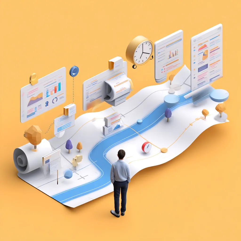 A person stands before a stylized map depicting a project's journey.  The map unfolds, revealing a path with data visualizations, clocks, and progress markers.  Isometric 3D elements represent tasks, timelines, and milestones, illustrating a visual workflow and project management overview. The overall aesthetic is clean and modern.