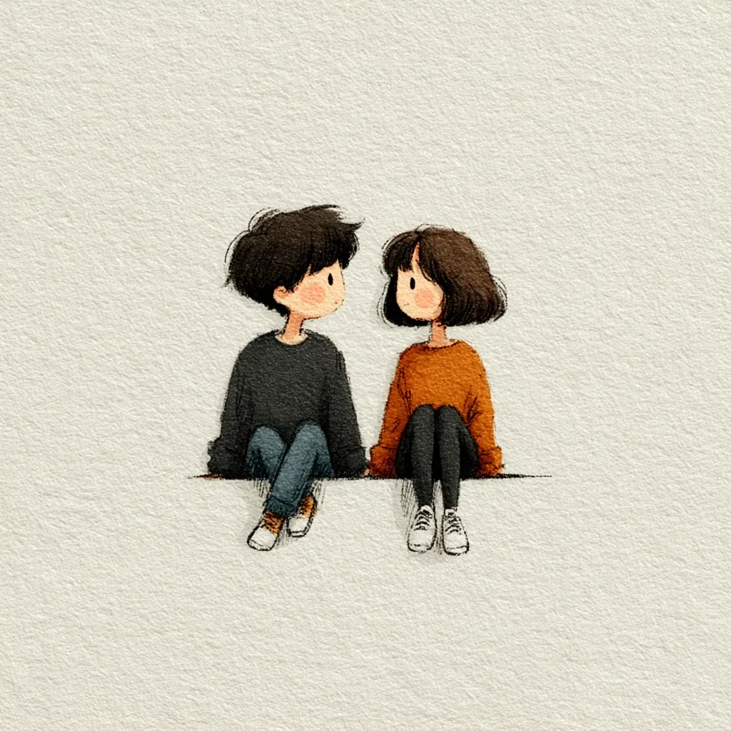 A charming illustration depicts a young couple sitting side-by-side, gazing at each other.  The boy, with dark hair and a black sweater, sits beside a girl in an orange sweater.  Both are drawn in a cute, simplistic style, their expressions gentle and endearing.  They are seated on a light-colored surface against a muted background, creating a peaceful and romantic scene.  The image evokes feelings of warmth and affection.