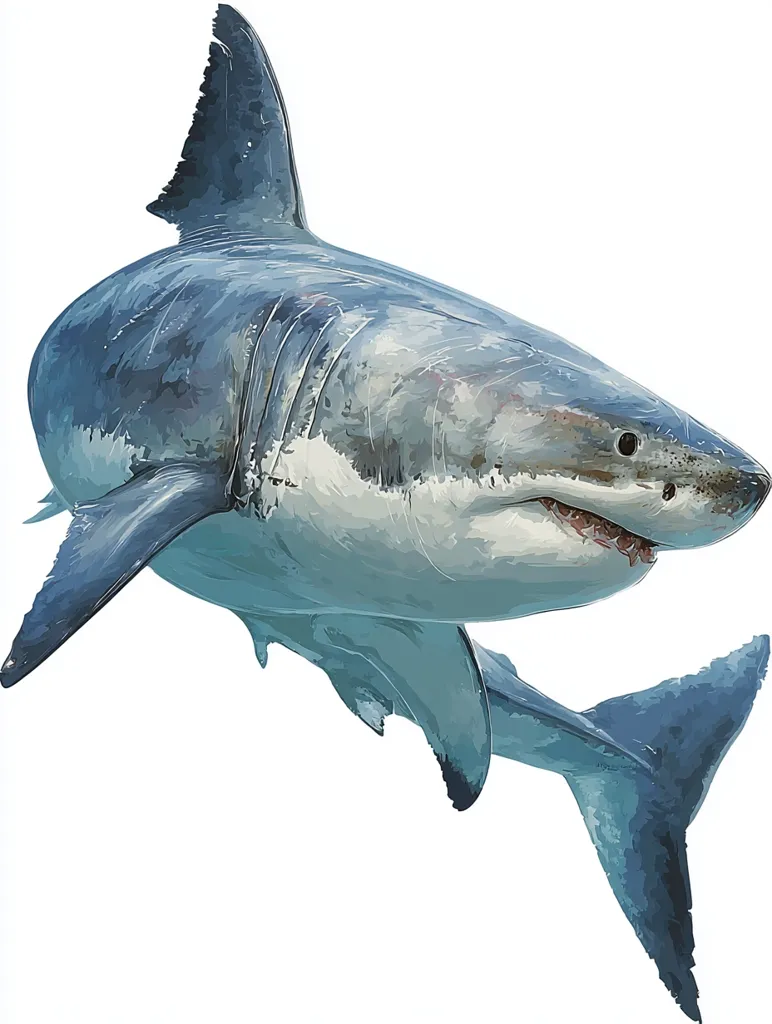 A detailed illustration showcases a great white shark in profile view, its powerful body and sharp teeth prominently displayed. The shark's bluish-grey coloring and textured skin are realistically depicted. A smaller shark is partially visible beneath the larger one, suggesting a possible interaction or a glimpse of its environment.  The background is pure white, emphasizing the shark's form.