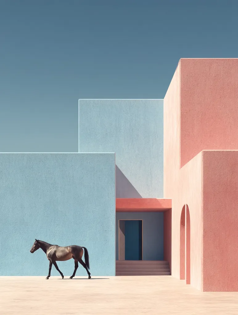 A dark brown horse walks across a sunlit plaza before a minimalist, geometric building.  The structure is composed of pale blue and coral-pink blocks, featuring a simple doorway and arched entryways.  The scene is stark, emphasizing clean lines and contrasting colors under a clear, bright sky.  The horse provides a natural element against the stark architectural backdrop.