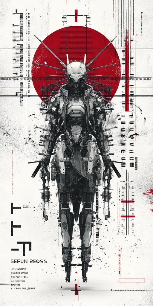 A stylized artwork depicts a futuristic, heavily armed robotic figure centered against a stark white background.  A large, red circle is positioned behind the robot, adding a dramatic visual contrast.  The robot's design is intricate, suggesting advanced technology and a blend of mechanical and organic elements.  Geometric lines and technical data seemingly overlay the image, adding to its complex, technological aesthetic.  The overall style is gritty and somewhat dystopian.