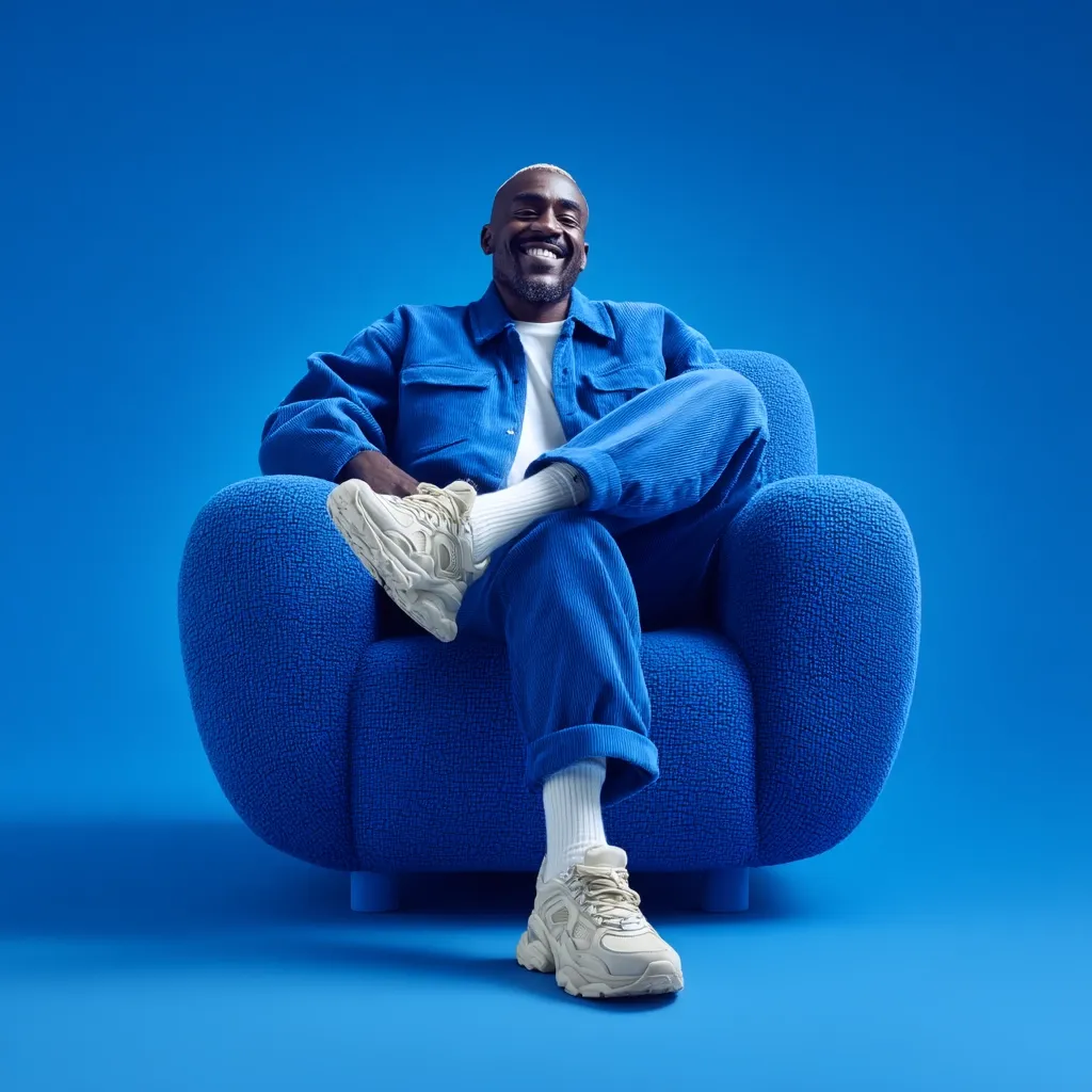A smiling Black man sits comfortably in a vibrant blue armchair against a matching blue backdrop. He's dressed in a blue corduroy suit and light beige sneakers. The image is bright and cheerful, conveying a sense of relaxation and contentment.  The man's posture and expression suggest ease and confidence.
