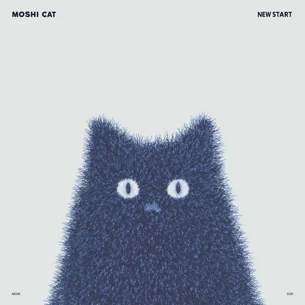 A stylized illustration features a fluffy, dark blue cat, its large, round eyes prominent against its dense fur.  The cat's face is the central focus, filling most of the image against a light blue background.  Text at the top corners reads "MOSHI CAT" and "NEW START," suggesting a brand or project title. The minimalist design conveys a sense of calm and new beginnings.