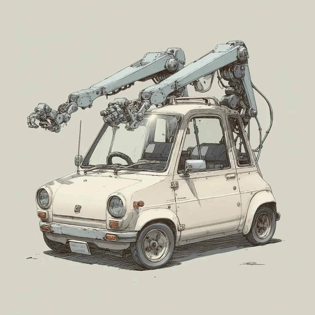 A whimsical illustration depicts a vintage, off-white microcar adorned with two large, articulated robotic arms mounted on its roof. The arms, light blue-grey, extend outward, suggesting functionality beyond mere aesthetic appeal.  The car's design is reminiscent of classic Japanese kei cars, with a boxy body and small wheels.  The overall style is detailed, hinting at a blend of retro and futuristic elements, creating a unique, imaginative vehicle.