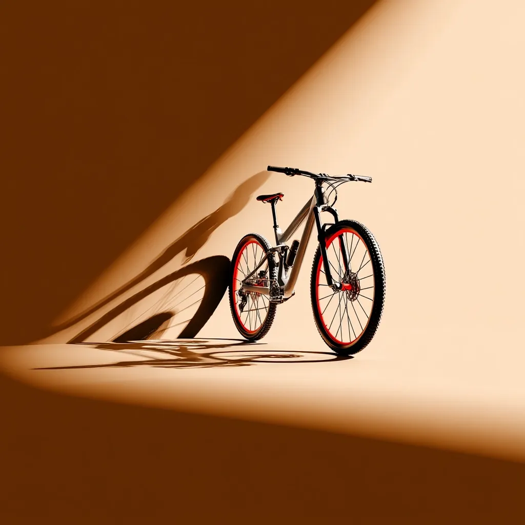 A sleek, grey mountain bike with red accents stands against a muted brown backdrop.  Sunlight streams in, casting a long shadow that stretches across the floor. The bike's details are sharp, highlighting its modern design and suggesting speed and adventure. The minimalist setting emphasizes the bicycle's form and aesthetic appeal.